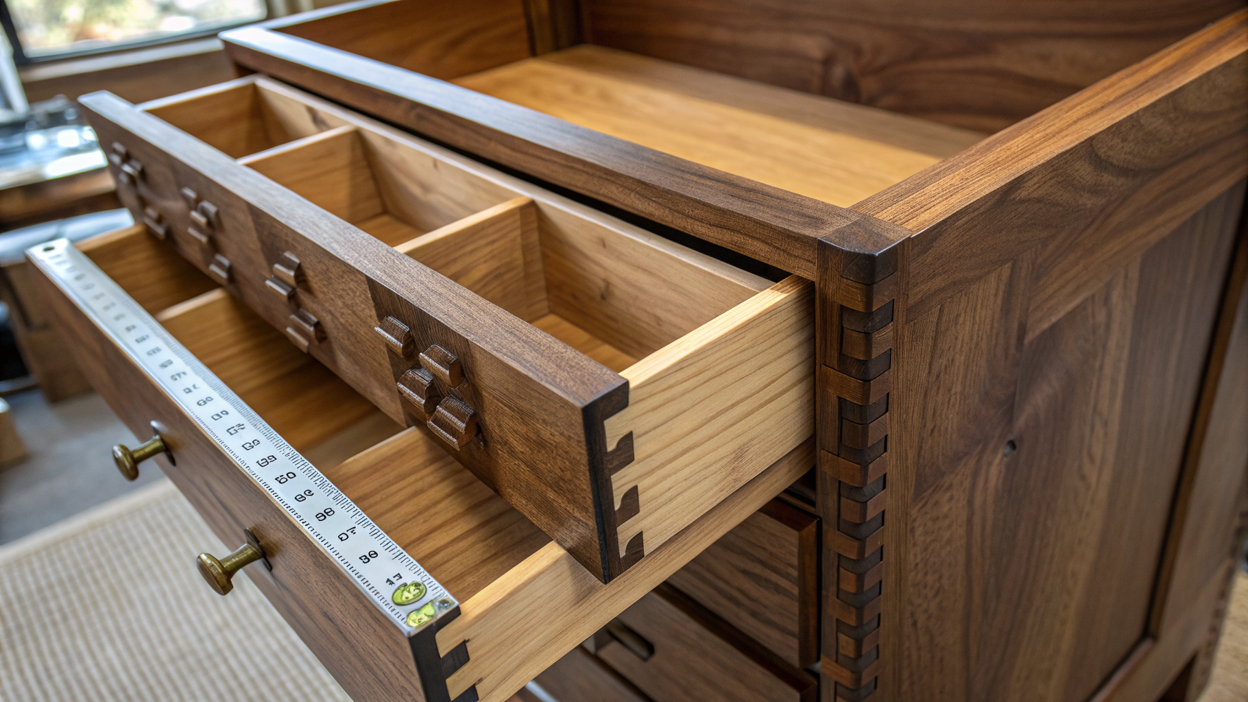 Close up of custom cabinetry installation showing precise joinery and natural wood grain