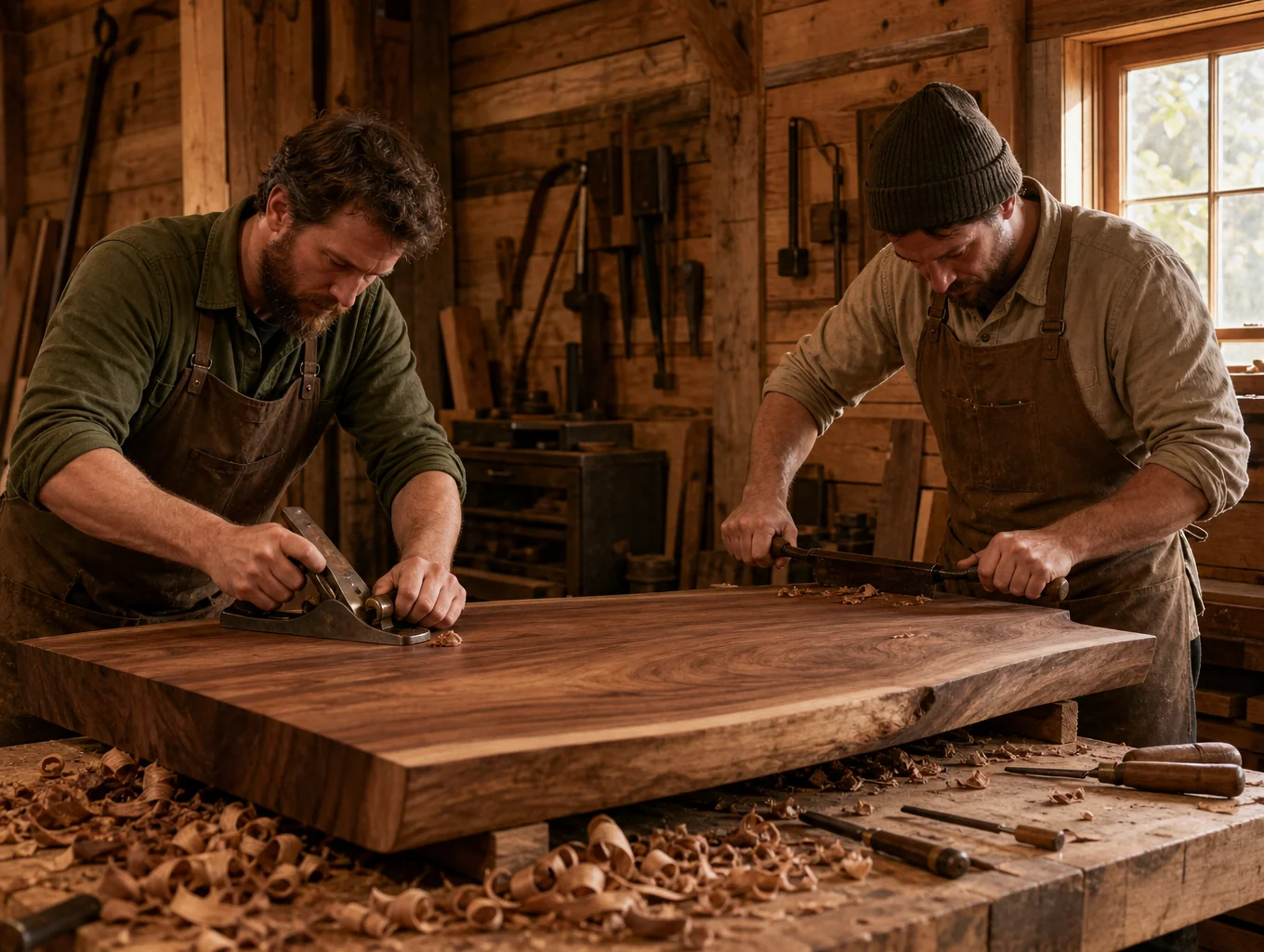 Artisan woodworker crafting custom furniture in a professional workshop