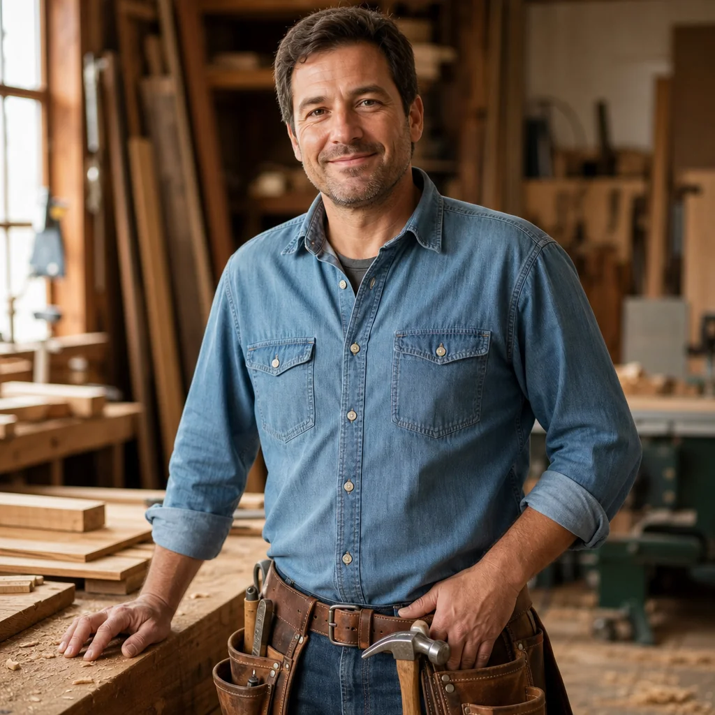 Portrait of David Miller, Lead Carpenter, in workshop