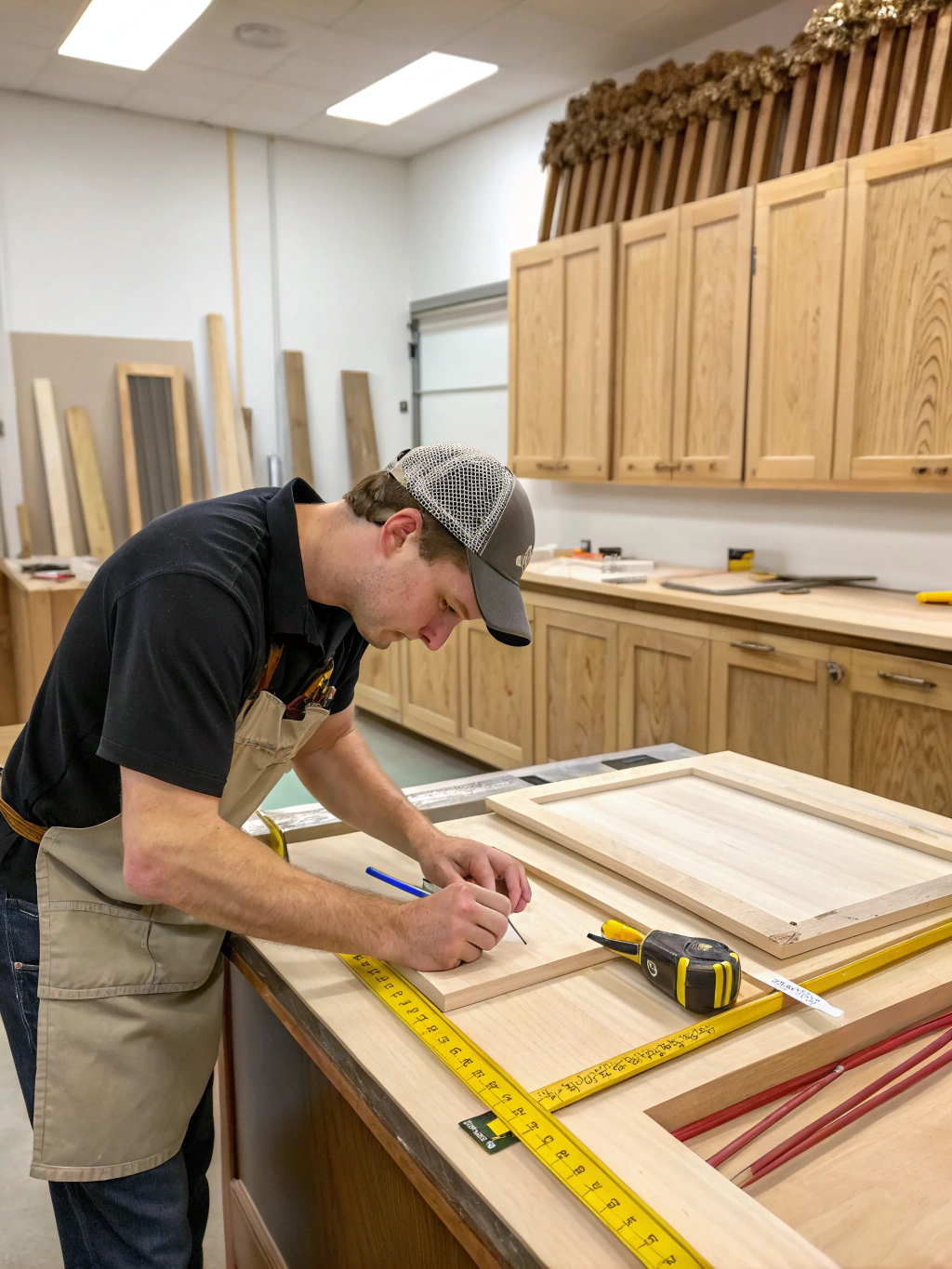 Close-up of salt lake renovations craftsman hands working on custom cabinetry detail, natural light