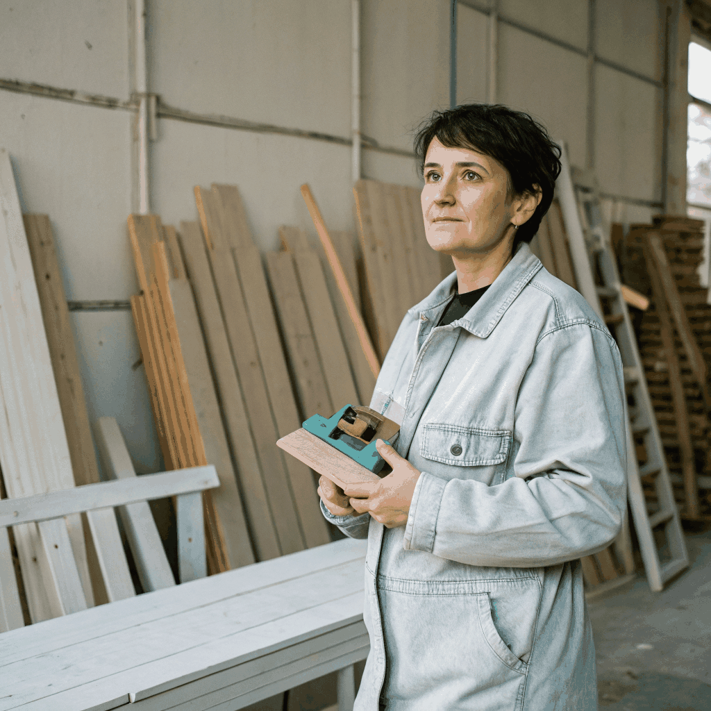 Portrait of Elena Vance, Woodworking Artisan, with tools