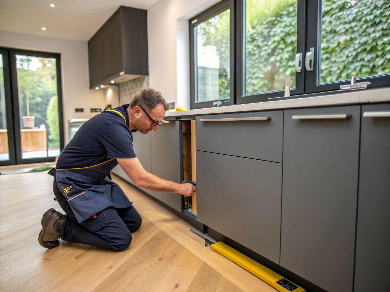 Custom woodworking and high-end cabinetry installation underway