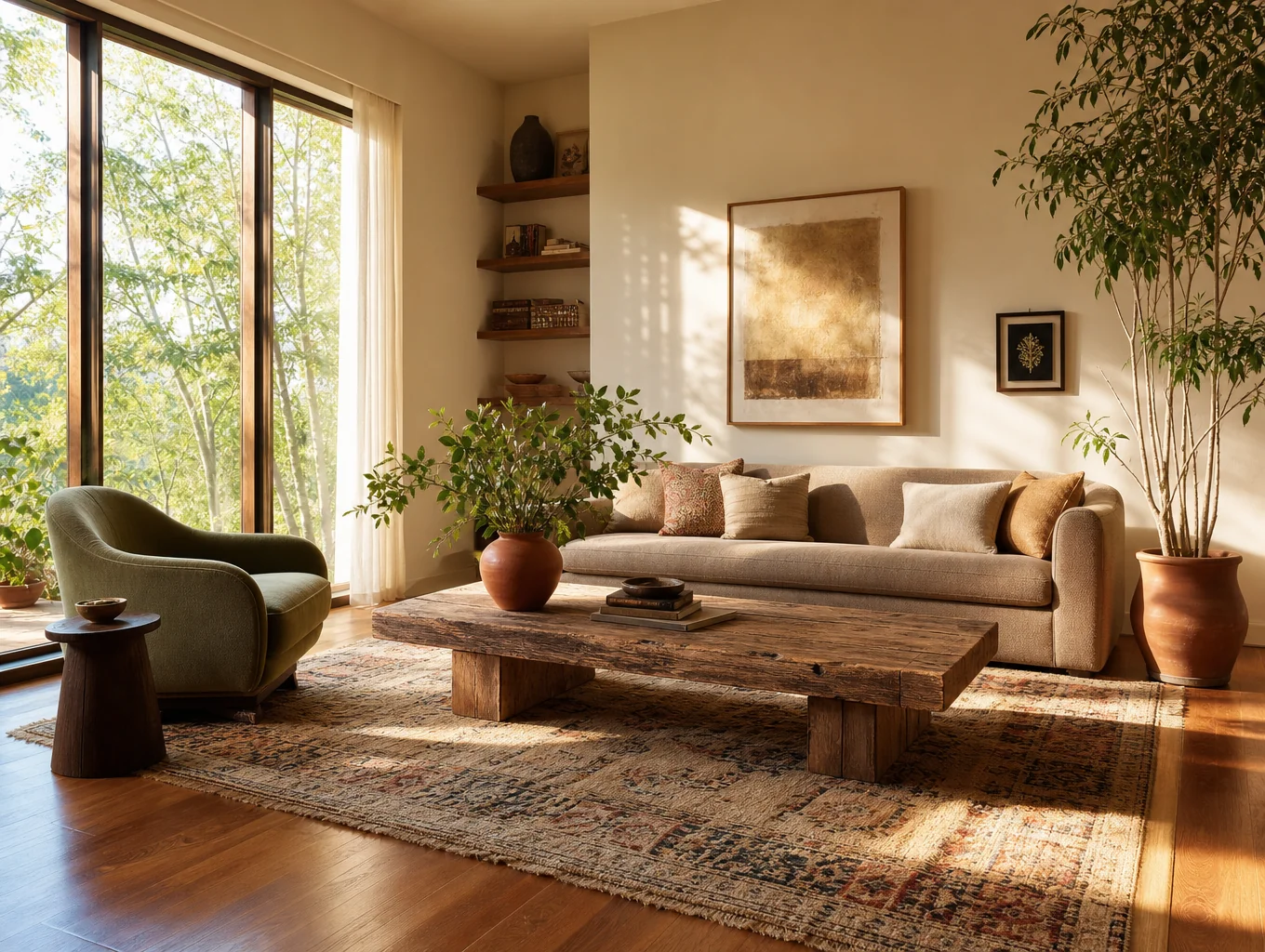 Staged open-concept living area with warm natural lighting